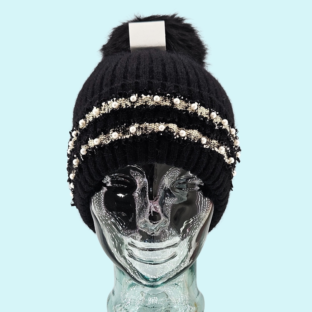 Glamourpuss NYC Hat Beanie Wool Blend Embellished Beads Faux Fur Pom Cottagecore